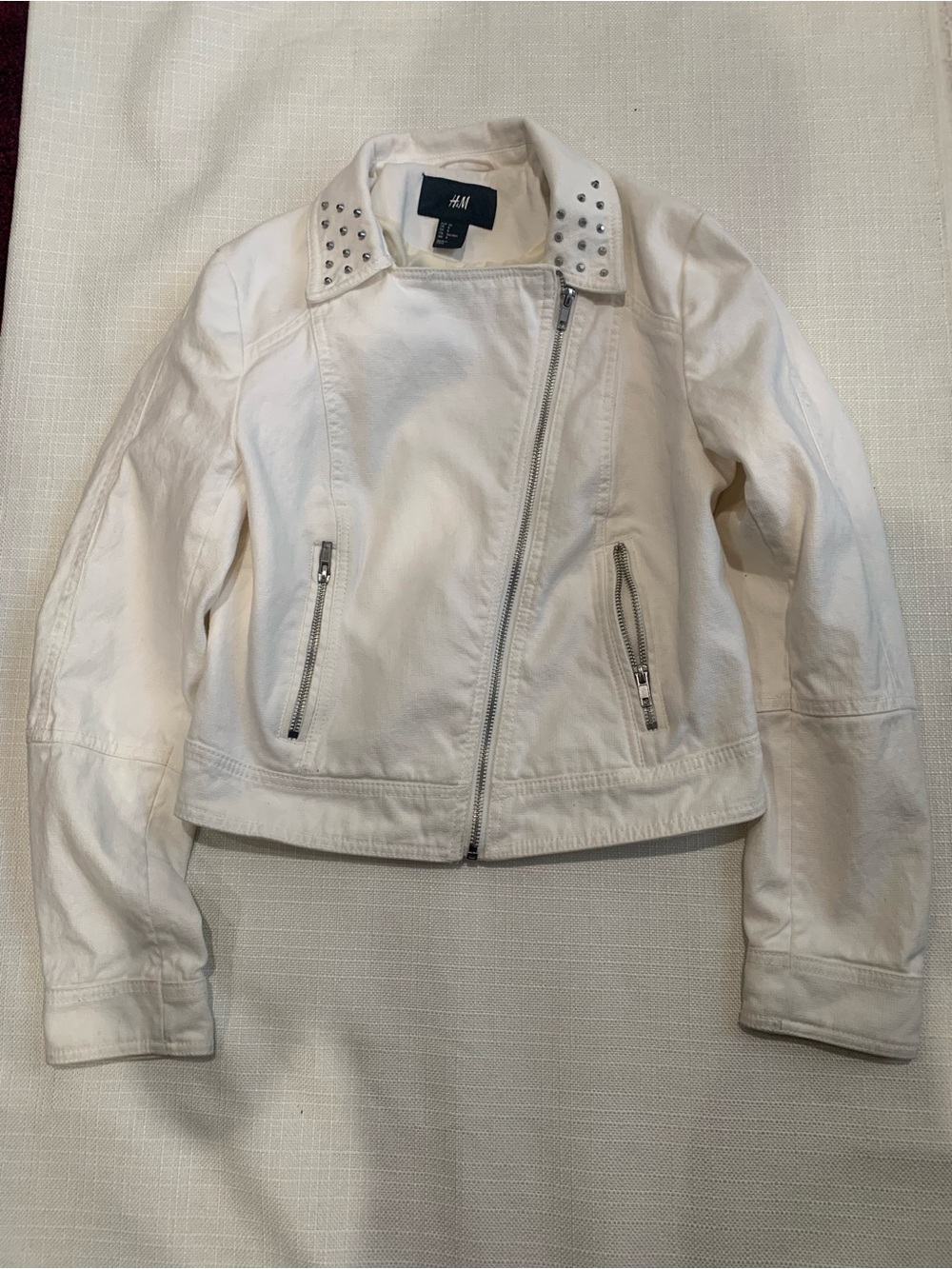H&M White Studded Collar Moto Jacket
